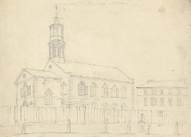Sketch shows a large two-story building with a steeple and many windows, behind a wooden fence.